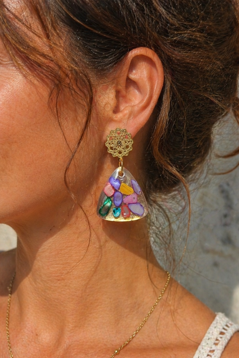 Boucles d’oreilles en résine & éclats de nacre – pièce unique